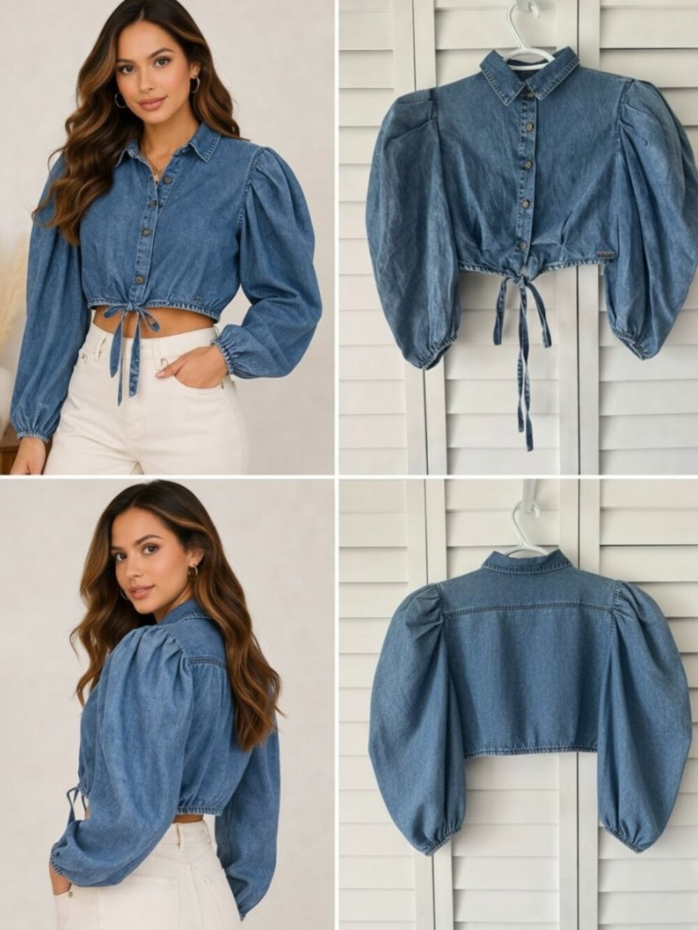 Colcci Denim Cropped Puff Sleeve Tie Front Blouse Size S Cotton
